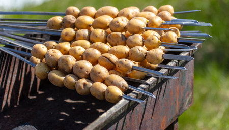 Potatoes on skewers fried on coals in the grill. foodの写真素材