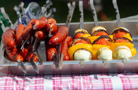 Vegetables on skewers grilled on coals. food