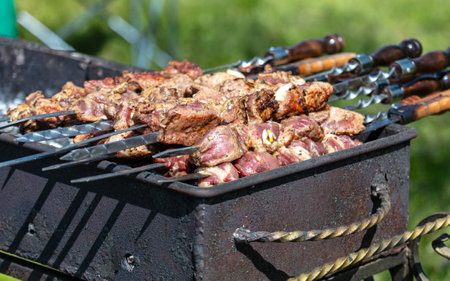 Meat on skewers grilled on coals. foodの写真素材