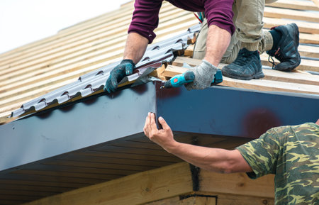 Workers install metal roofing on the wooden roof of a house. Technologyの写真素材