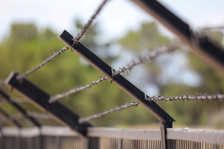 Barbed wire on the fence as background.