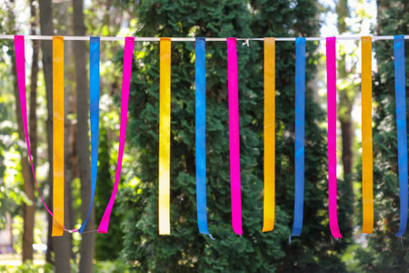 Multi-colored ribbons hang in the park on a holiday. .