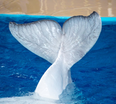 The tail of a white dolphin swims in the pool. close-upの写真素材
