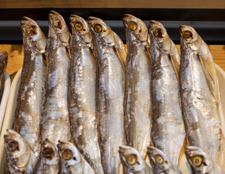 Smoked fish on the counter in the market. close-up