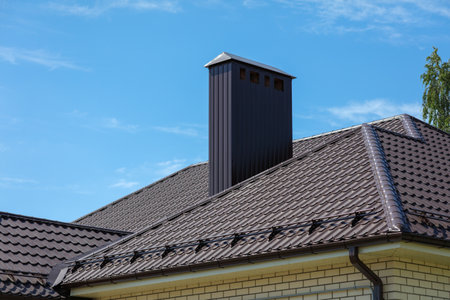 Brown metal pipe on the roof of the house against the blue sky