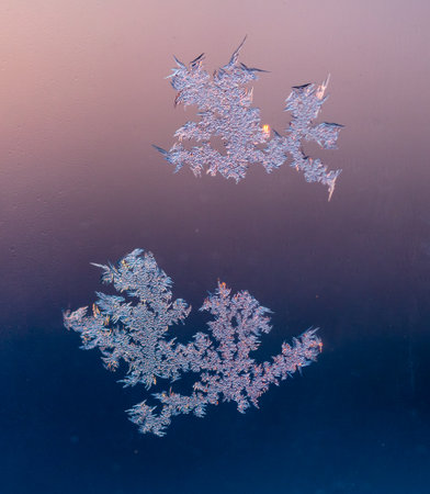 Frozen water on glass at sunrise. close-up.
