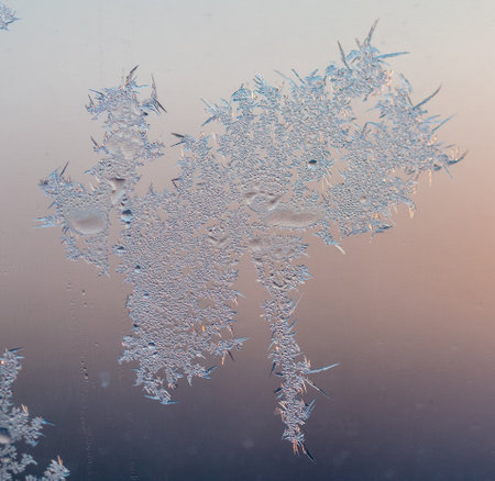Frozen water on glass at sunrise. close-up.の写真素材