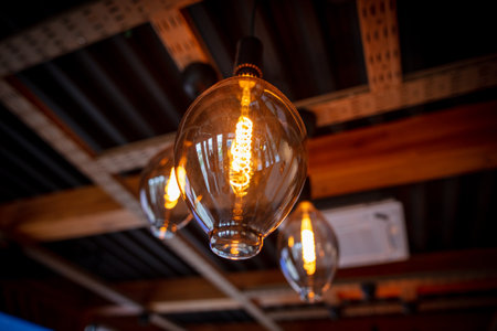 Decorative lamps on the ceiling in a cafe. Interior