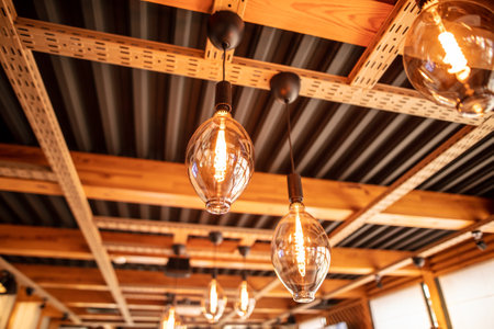 Decorative lamps on the ceiling in a cafe. Interiorの写真素材