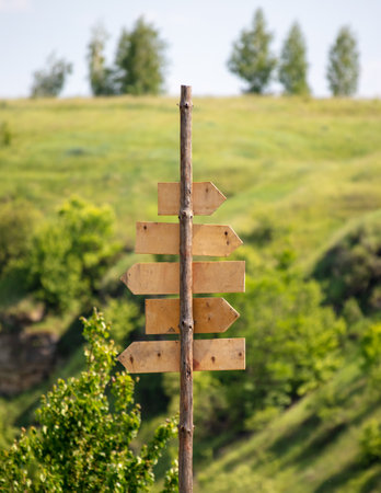 Wooden signs signsposts on nature in summer