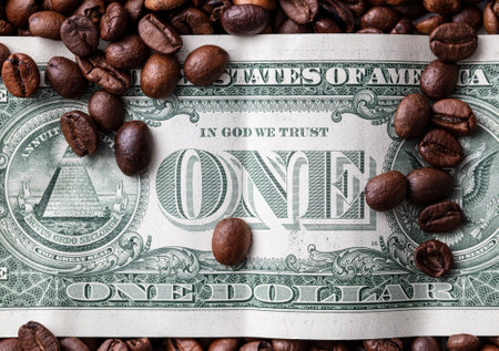 One Dollar banknote in black coffee beans. close-upの写真素材