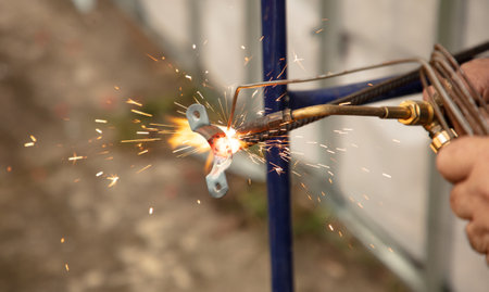 Gas welding of metal at the construction site. Technologyの写真素材