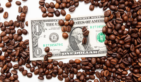 Coffee grains with dollar on a white background. close-upの写真素材