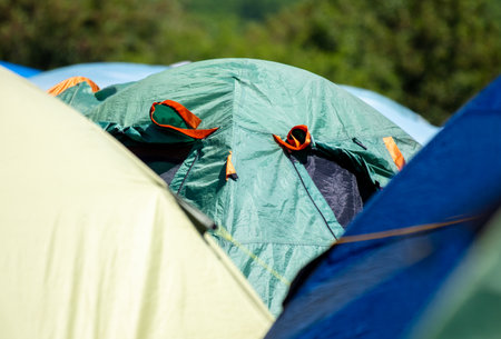 Tourist tent in the park in nature.
