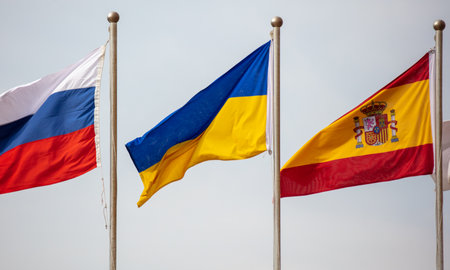 Flags of Russia and Ukraine against the sky. symbolの写真素材