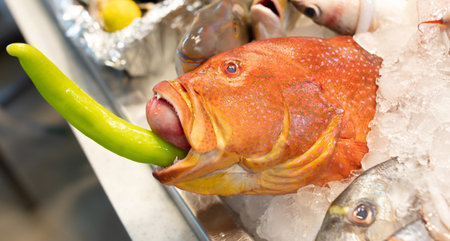 Sea fish in ice in a restaurant. food