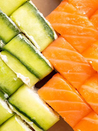 Japanese sushi with salmon and cucumber. food