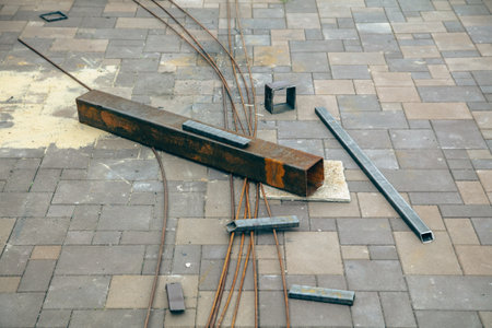 Construction metal on paving slabs. Technologiesの写真素材