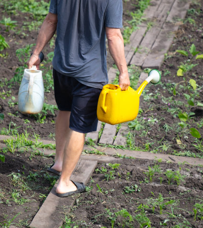 A man is watering the garden with a watering can. Natureの写真素材