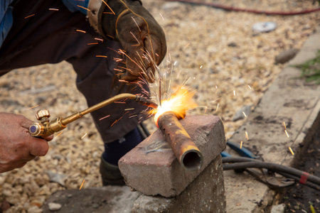 Gas welding of metal at the construction site. Technologyの写真素材