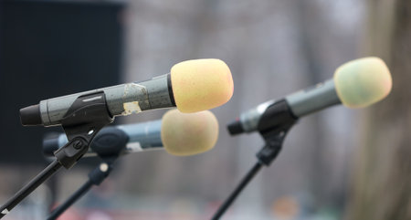 Three microphones in the park. close-upの写真素材