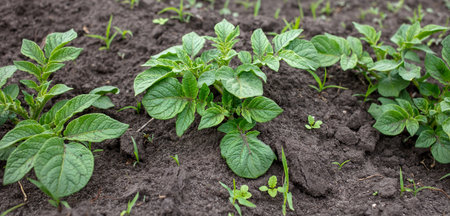 Green tops of potatoes in the ground. Nature