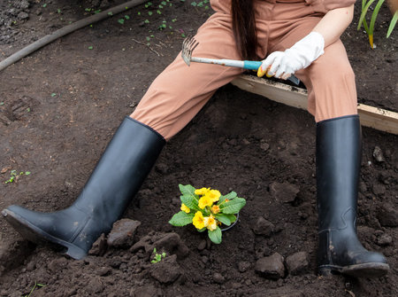 Girl farmer planting a yellow flower in the ground. Natureの写真素材