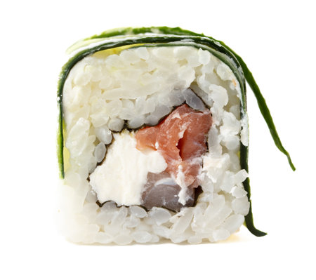 Sushi with fish and cucumber isolated on white background. close-up.の写真素材