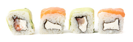 Sushi with fish and cucumber isolated on white background. close-up.の写真素材