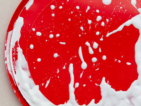White paint on red plastic as an abstract background.の写真素材