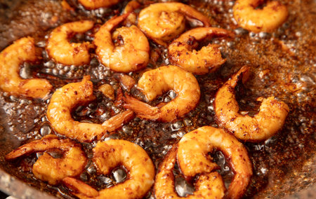Shrimps are fried in oil in a frying pan.の写真素材