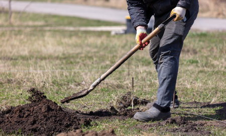 A man with a shovel digs the ground in the spring garden.の写真素材