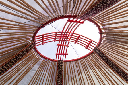 Shanyrak ceiling in a Kazakh yurt as a background.の写真素材