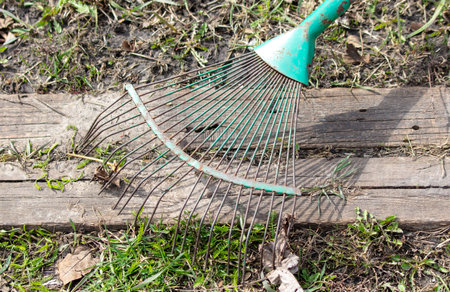gardening tools. Rake and rake on the grass.の写真素材