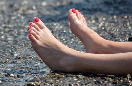 Feet of a woman on a pebbly seashore.の写真素材
