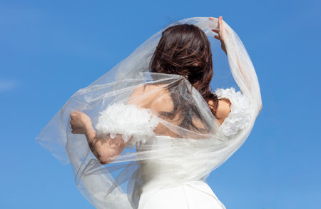 A girl in a wedding dress against a blue sky. back viewの写真素材