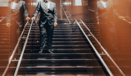 Business people walking on escalator in office building. motion blur.の写真素材