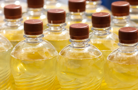 Bottles of sunflower oil on a light background. selective focus.