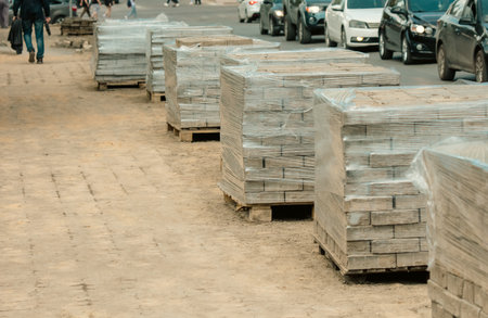 Laying paving slabs in the city.の写真素材