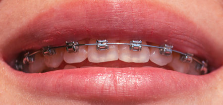 Teeth with braces of a smiling girl. macro.