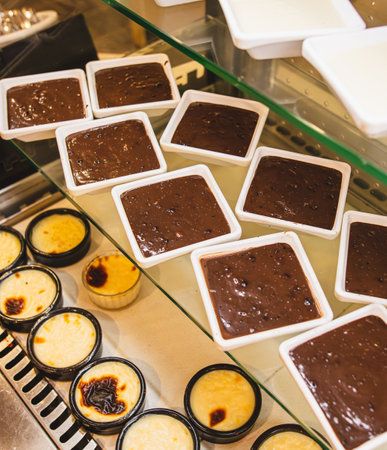 Sweet desserts on display in a restaurant.の写真素材