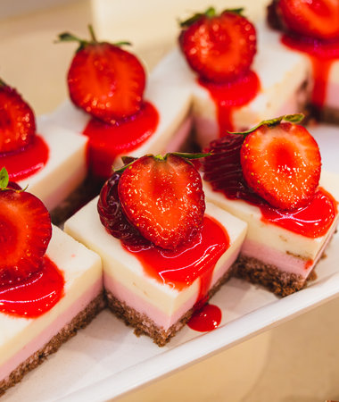 Sweet cakes on display in a restaurant.の写真素材