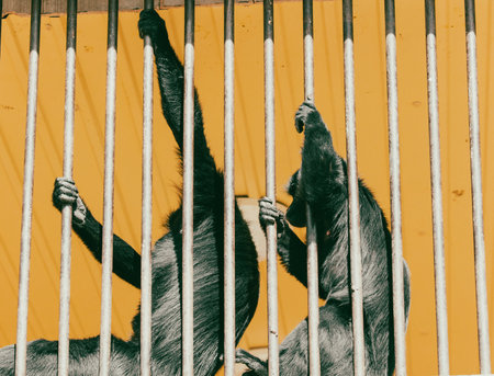 Paws of a black monkey on a metal lattice in a zoo.の写真素材