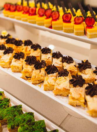Sweet cakes on display in a restaurant.の写真素材