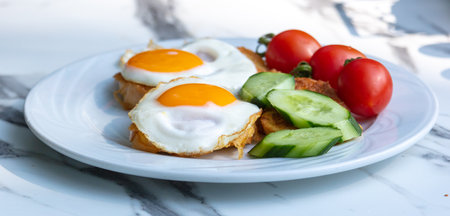 Fried eggs with tomatoes and cucumbers in a white plate.