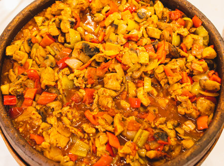 Dishes with stewed vegetables and meat in a restaurant.の写真素材