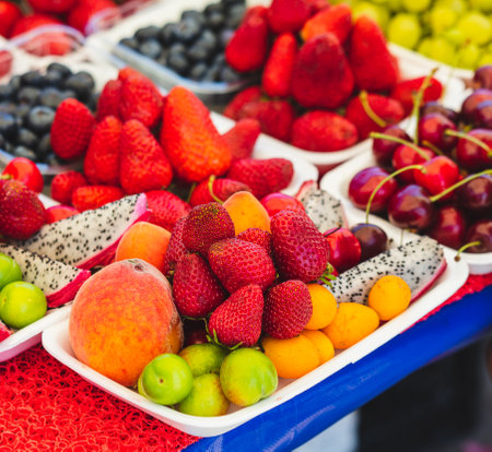 Fresh strawberries, cherries on the counter in the market.の写真素材