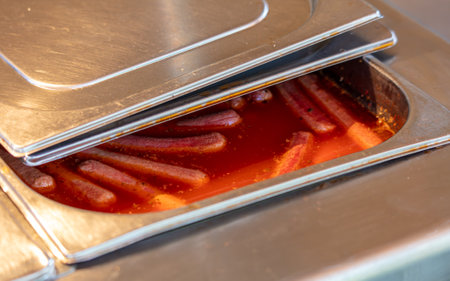Fried sausages in a tomato in a tray in a restaurant.の写真素材