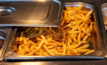 Fried french fries on a tray in a restaurant.の写真素材