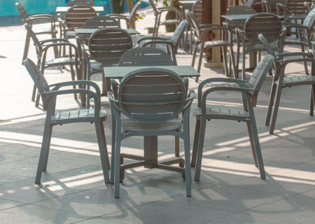 Tables and chairs in a restaurant.の写真素材